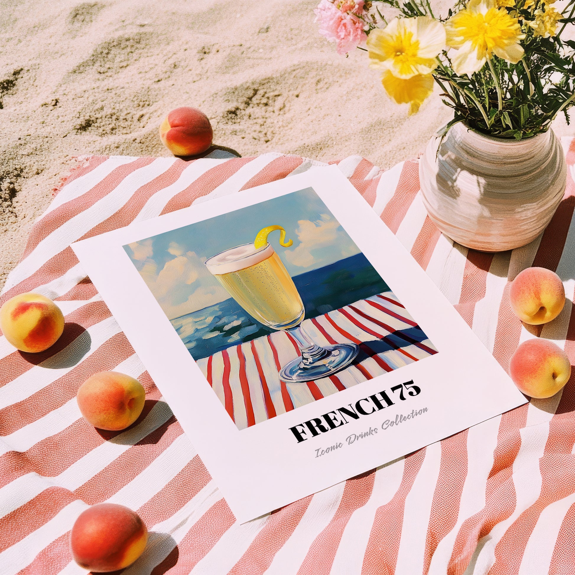 French 75 – French Seaside Scene, French Cocktail Wall Decor, unframed on coastal sand