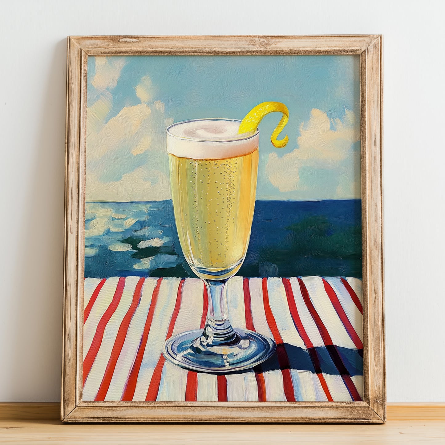 French 75 – French Seaside Scene, French Cocktail Wall Decor, no-text version framed in wood