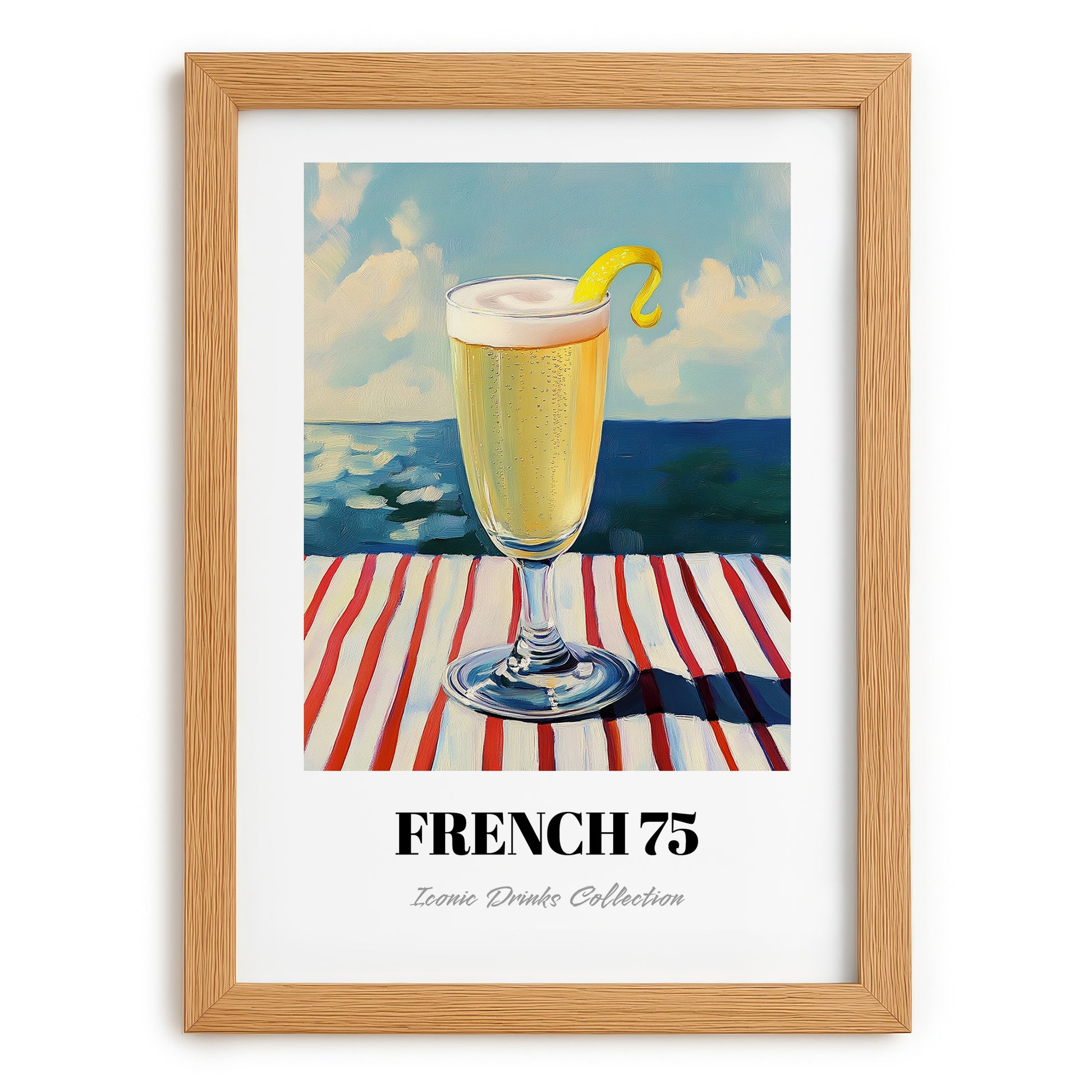 French 75 – French Seaside Scene, French Cocktail Wall Decor, set in oak frame