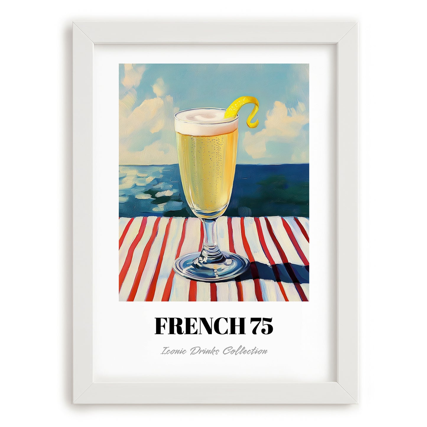 French 75 – French Seaside Scene, French Cocktail Wall Decor, placed in minimal white frame