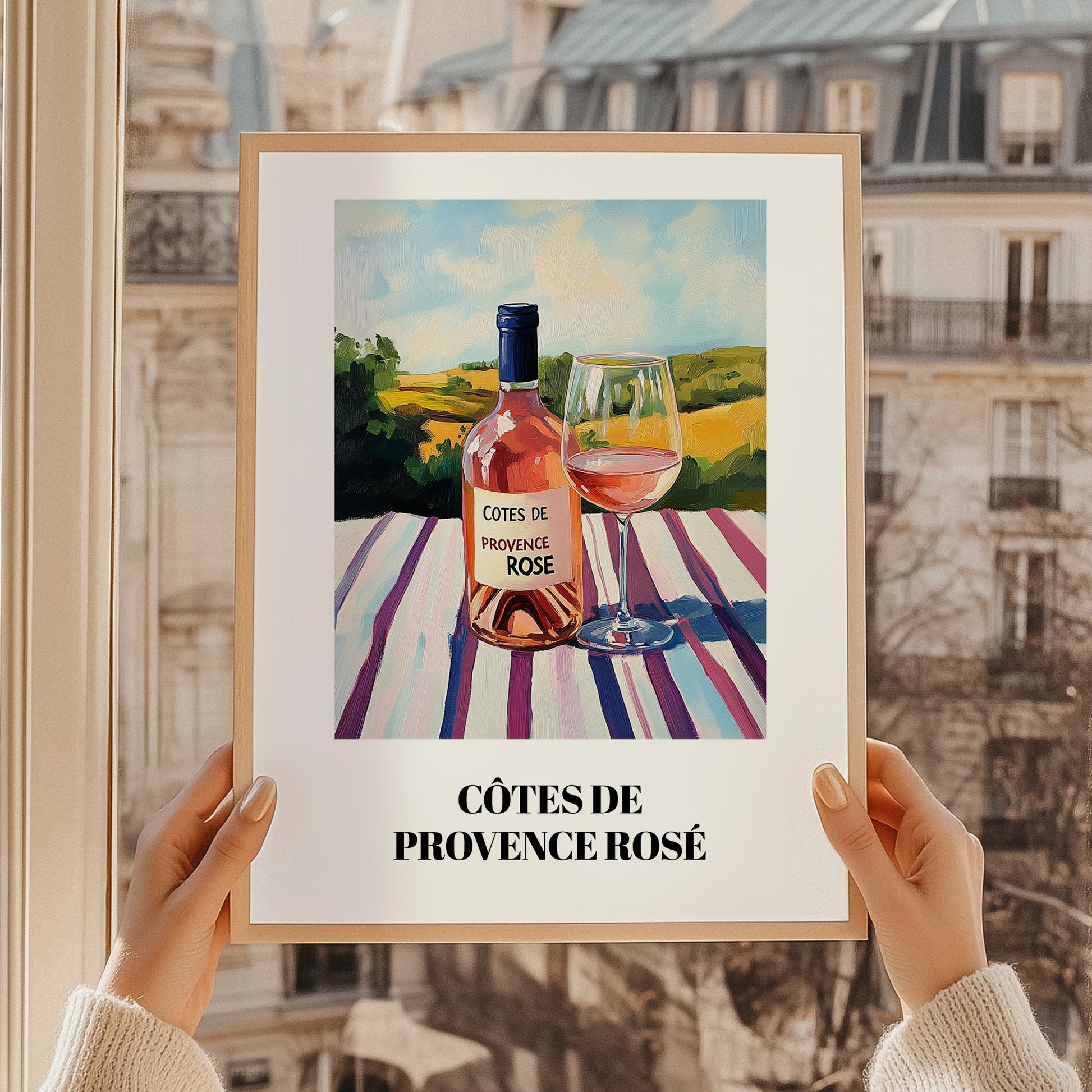 Côtes De Provence Rosé – French Hilltop Café Scene, French Wine Print, styled in a charming Paris street view