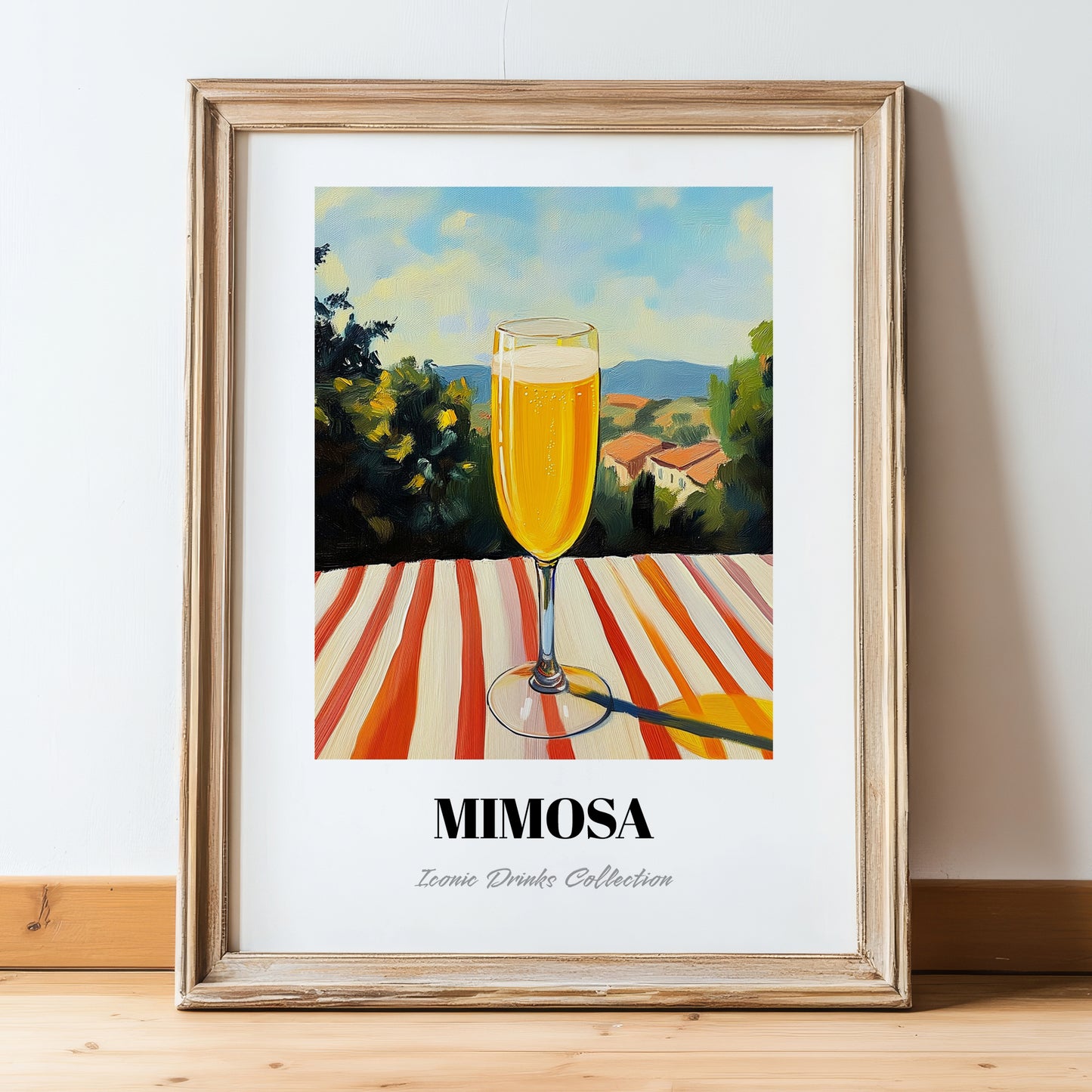 Mimosa – French Seaside Scene, French Cocktail Art, in wooden frame leaning on the floor