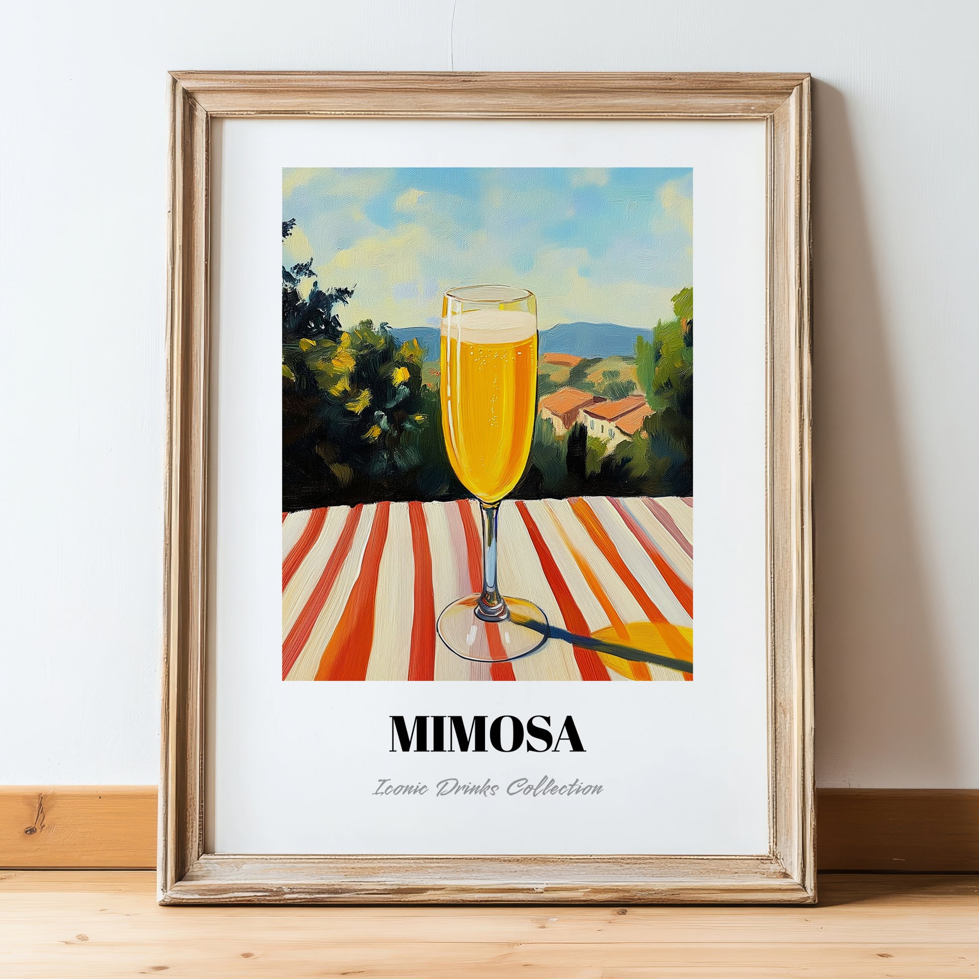 Mimosa – French Seaside Scene, French Cocktail Art, in wooden frame leaning on the floor