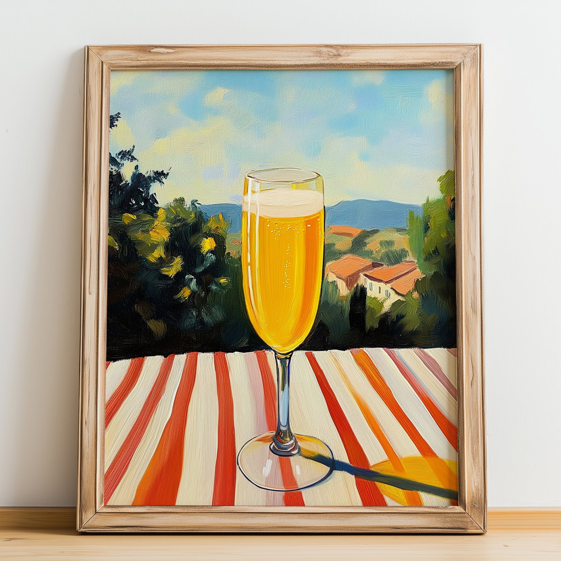 Mimosa – French Seaside Scene, French Cocktail Art, no-text version framed in wood