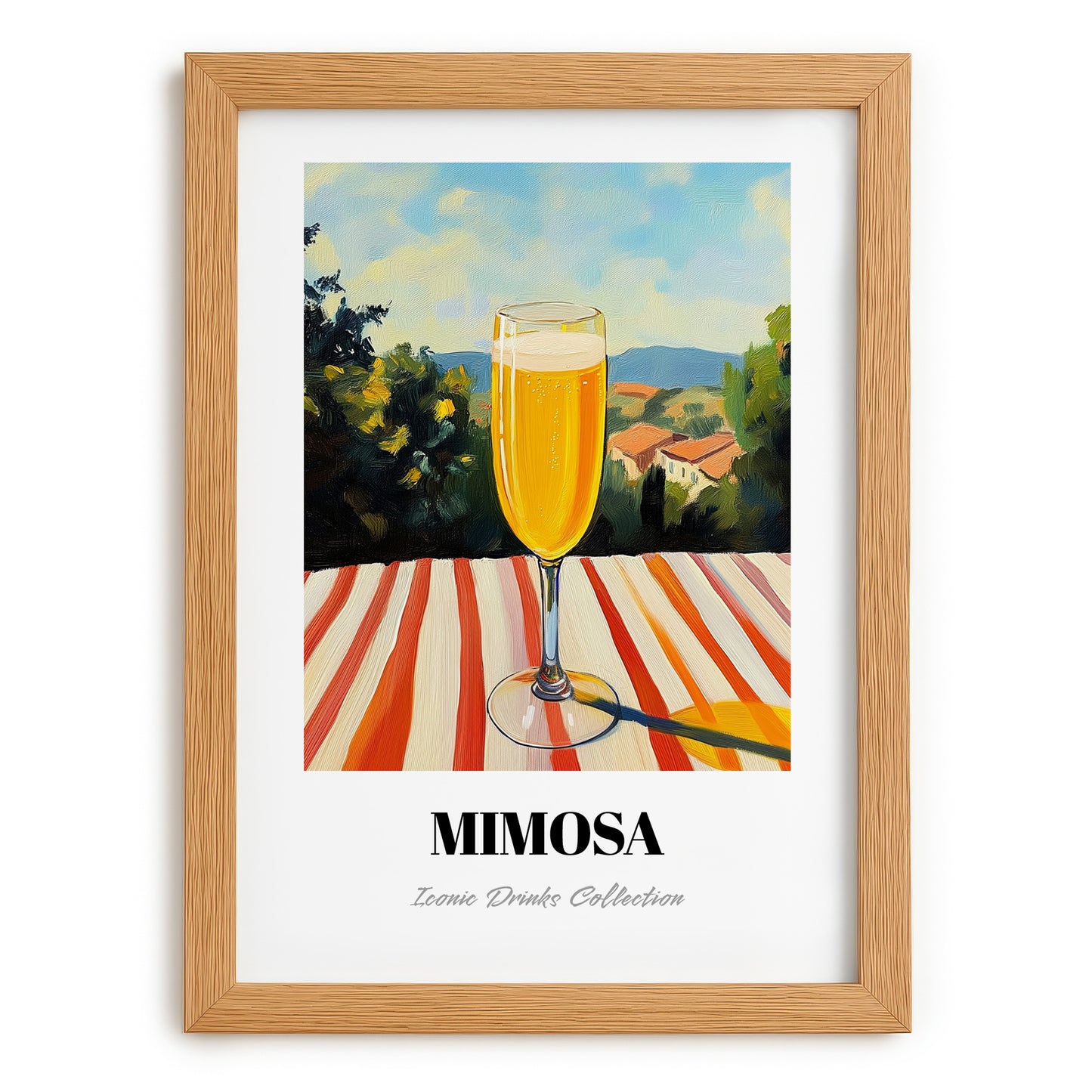Mimosa – French Seaside Scene, French Cocktail Art, set in oak frame
