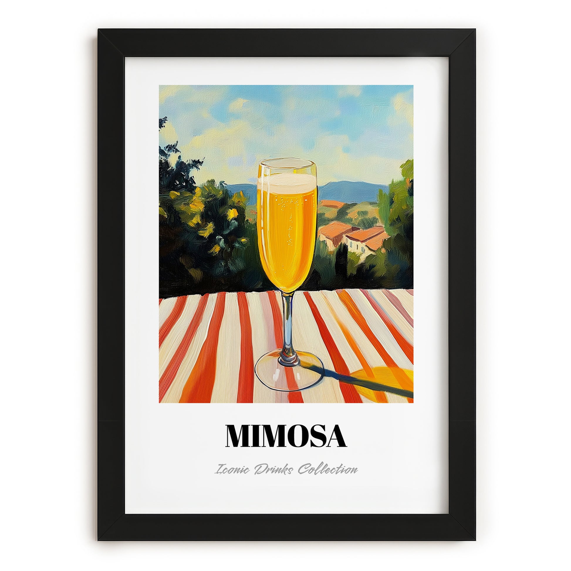Mimosa – French Seaside Scene, French Cocktail Art, in sleek black frame