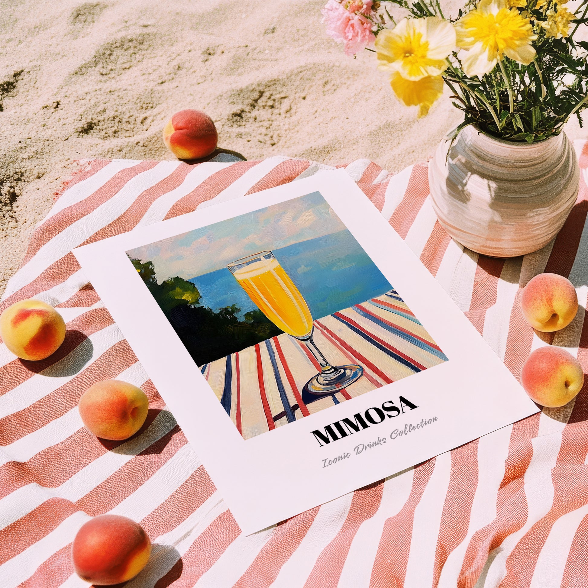 Mimosa – French Coastal Table, French Cocktail Poster, unframed on coastal sand