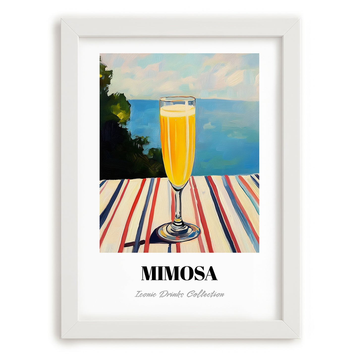 Mimosa – French Coastal Table, French Cocktail Poster, placed in minimal white frame
