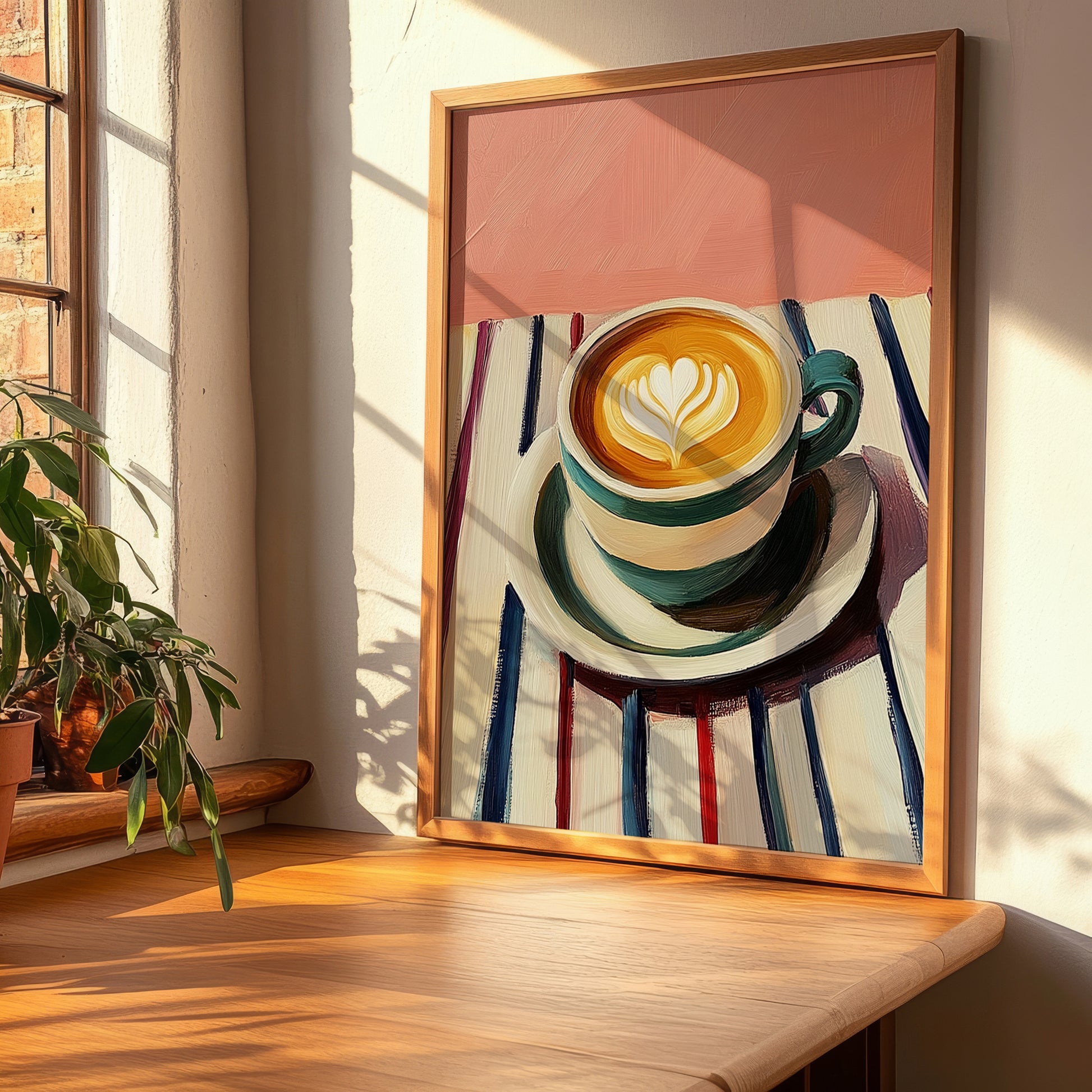 Café Au Lait – on Striped Tablecloth, French Coffee Print, clean layout with no caption