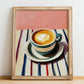 Café Au Lait – on Striped Tablecloth, French Coffee Print, no-text version framed in wood