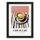 Café Au Lait – on Striped Tablecloth, French Coffee Print, in sleek black frame