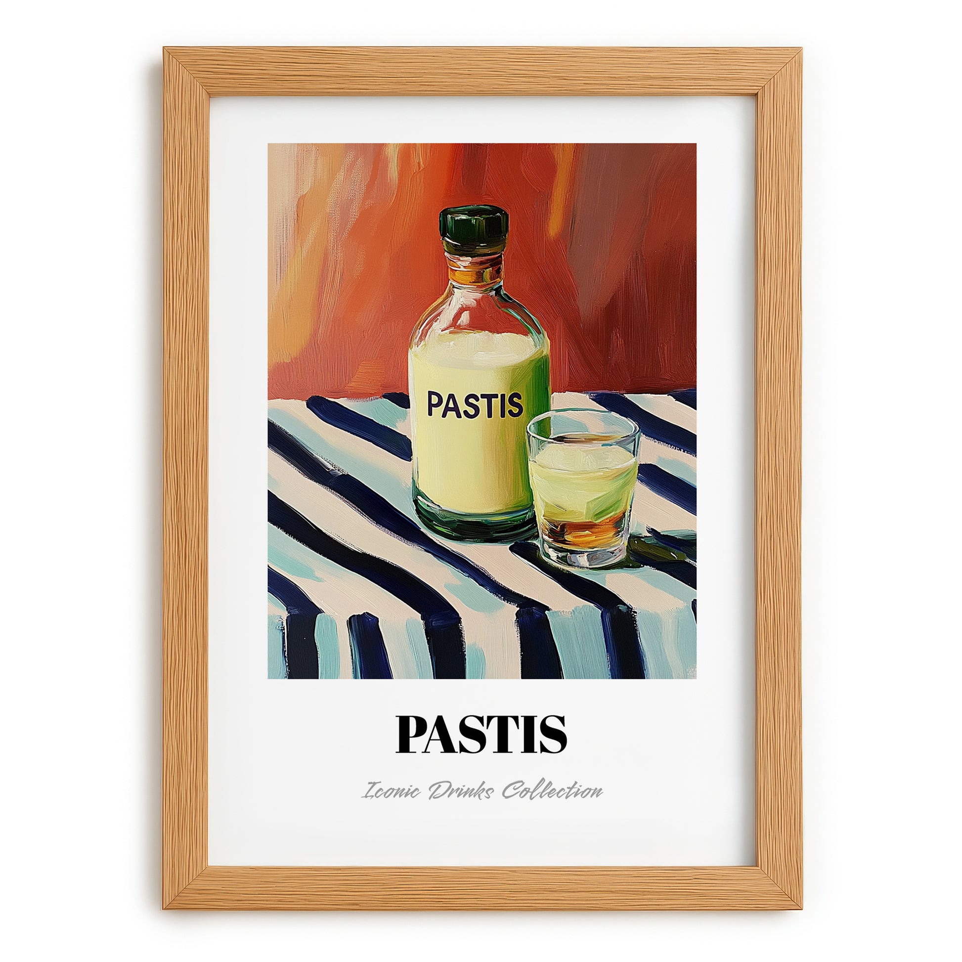 Pastis – on Striped Tablecloth, French Spirit Illustration, set in oak frame