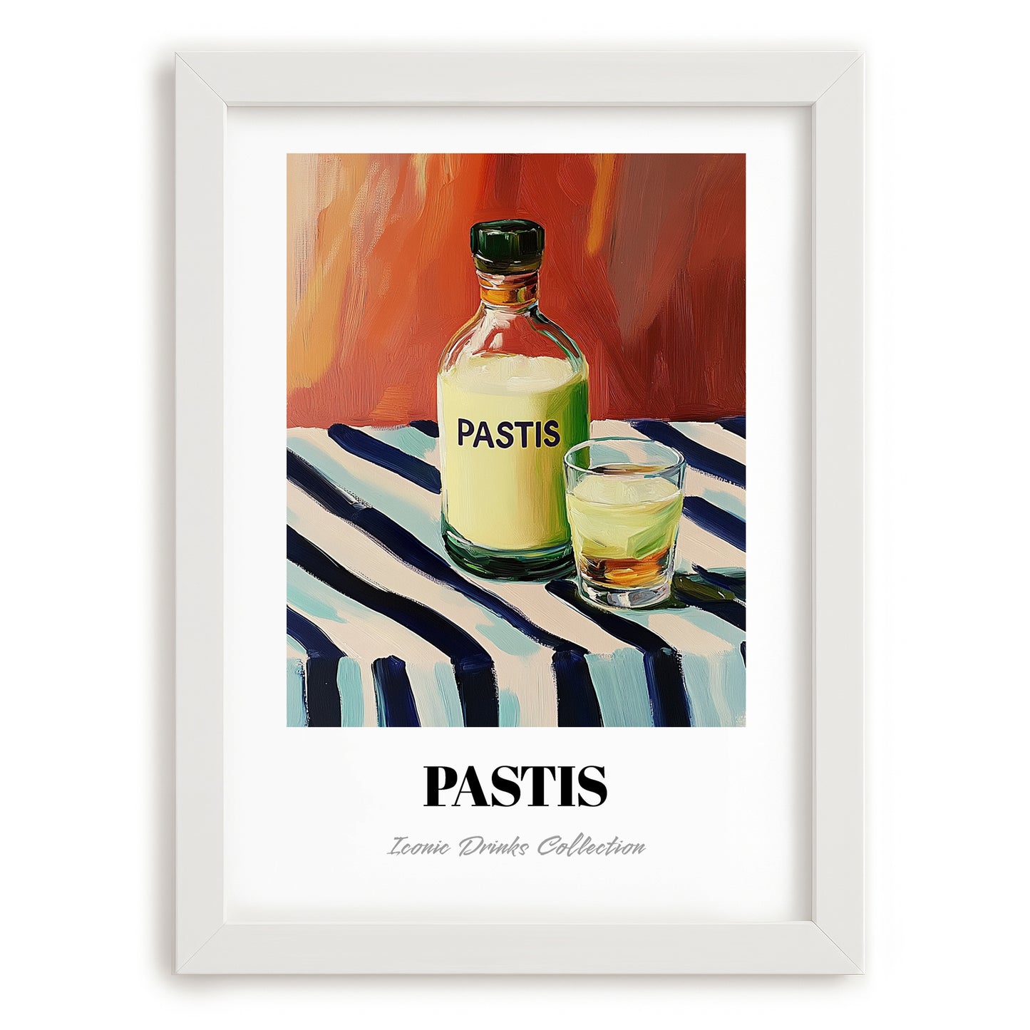 Pastis – on Striped Tablecloth, French Spirit Illustration, placed in minimal white frame