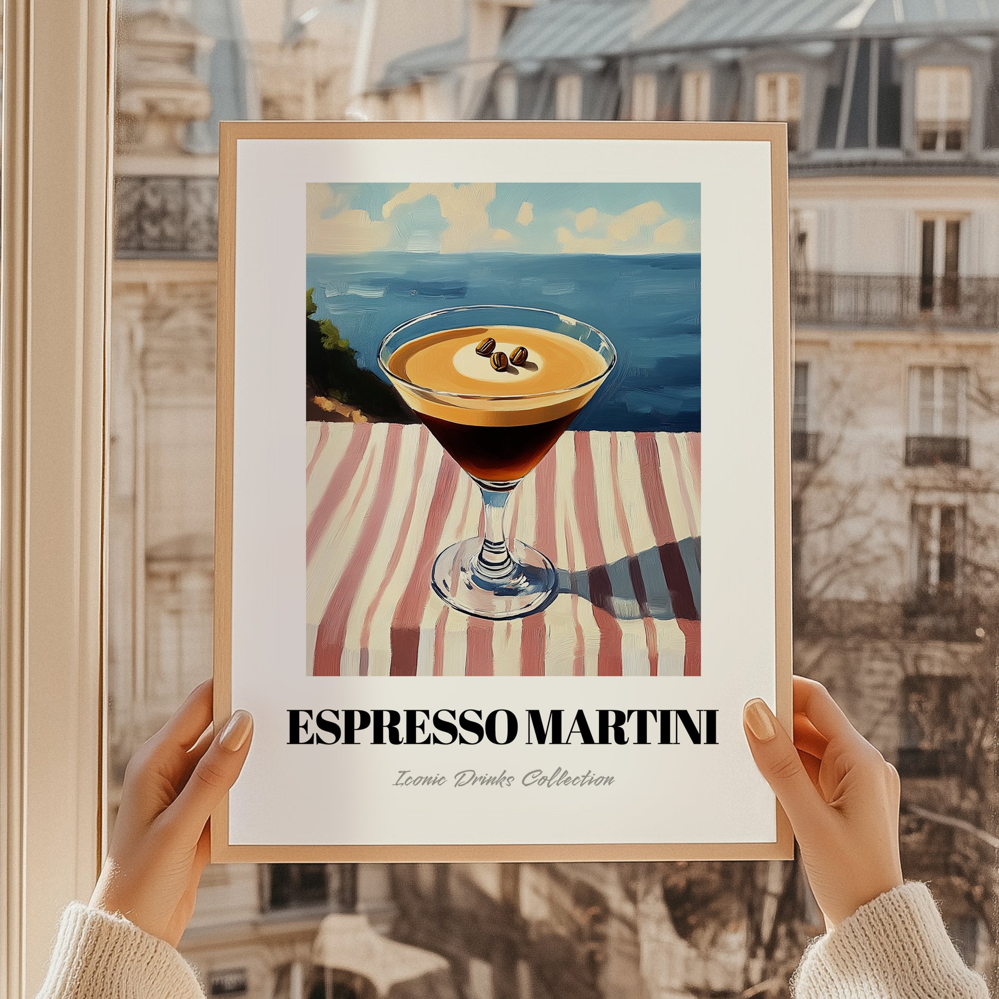 Espresso Martini – French Coastal Table, French Cocktail Painting, styled in a charming Paris street view