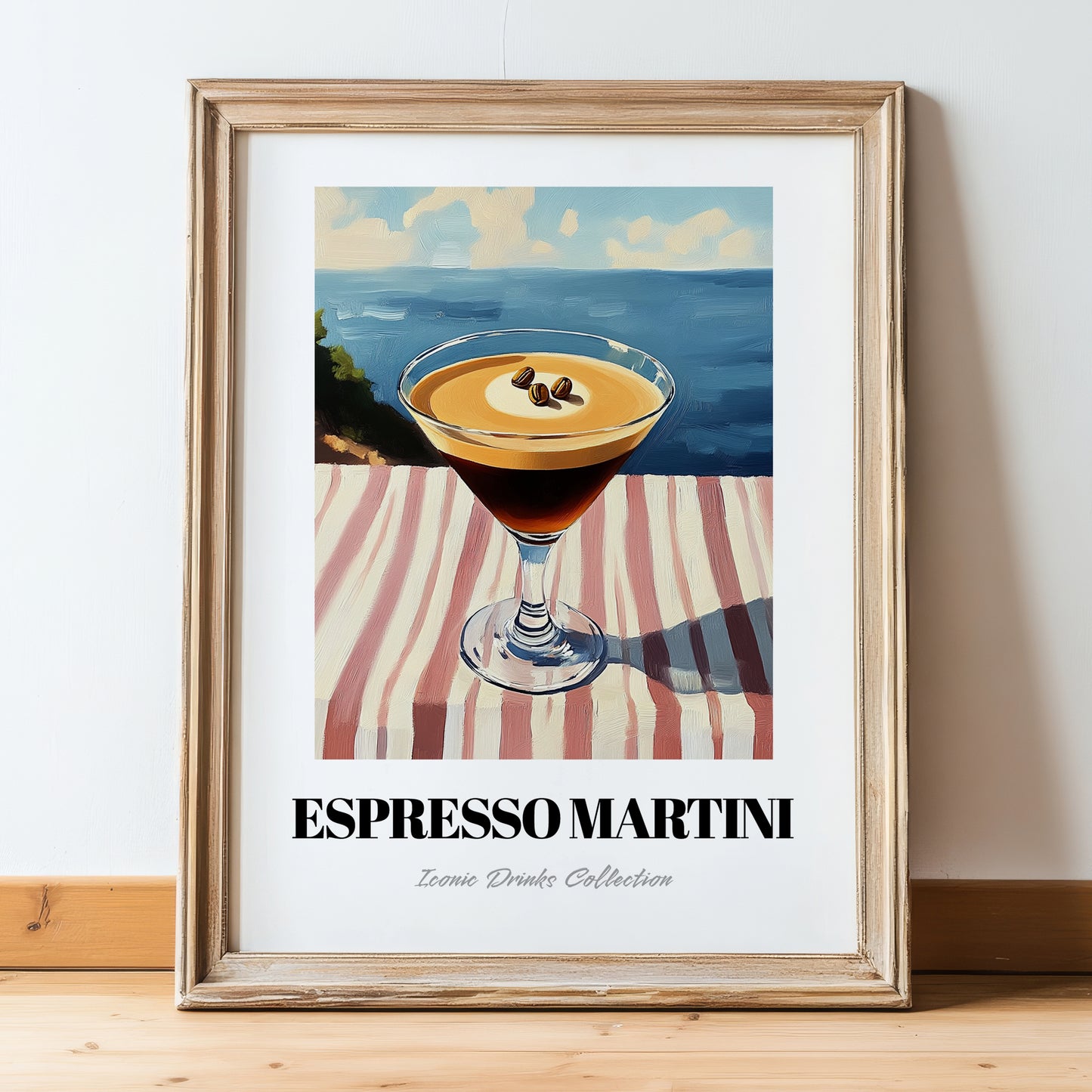 Espresso Martini – French Coastal Table, French Cocktail Painting, in wooden frame leaning on the floor