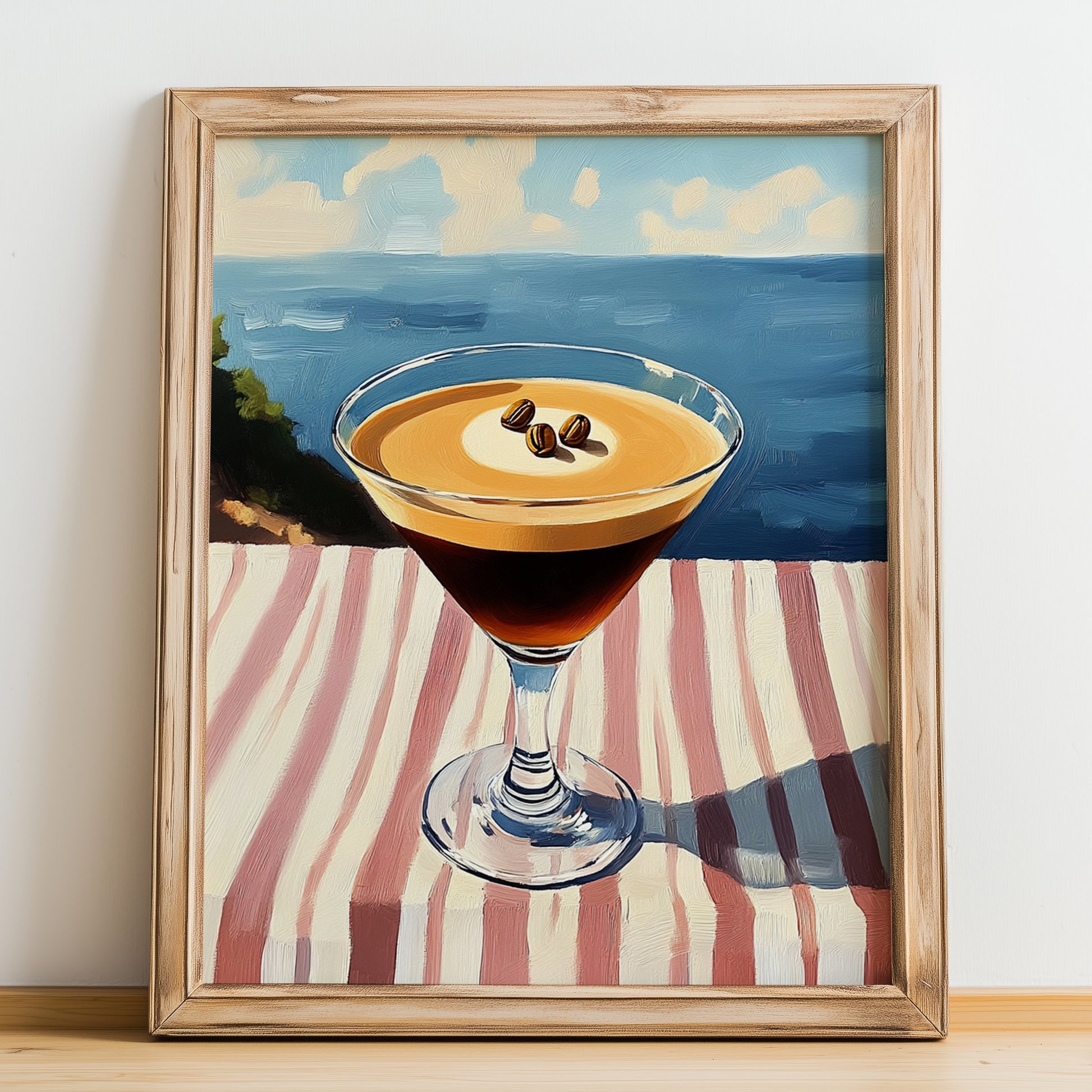 Espresso Martini – French Coastal Table, French Cocktail Painting, no-text version framed in wood