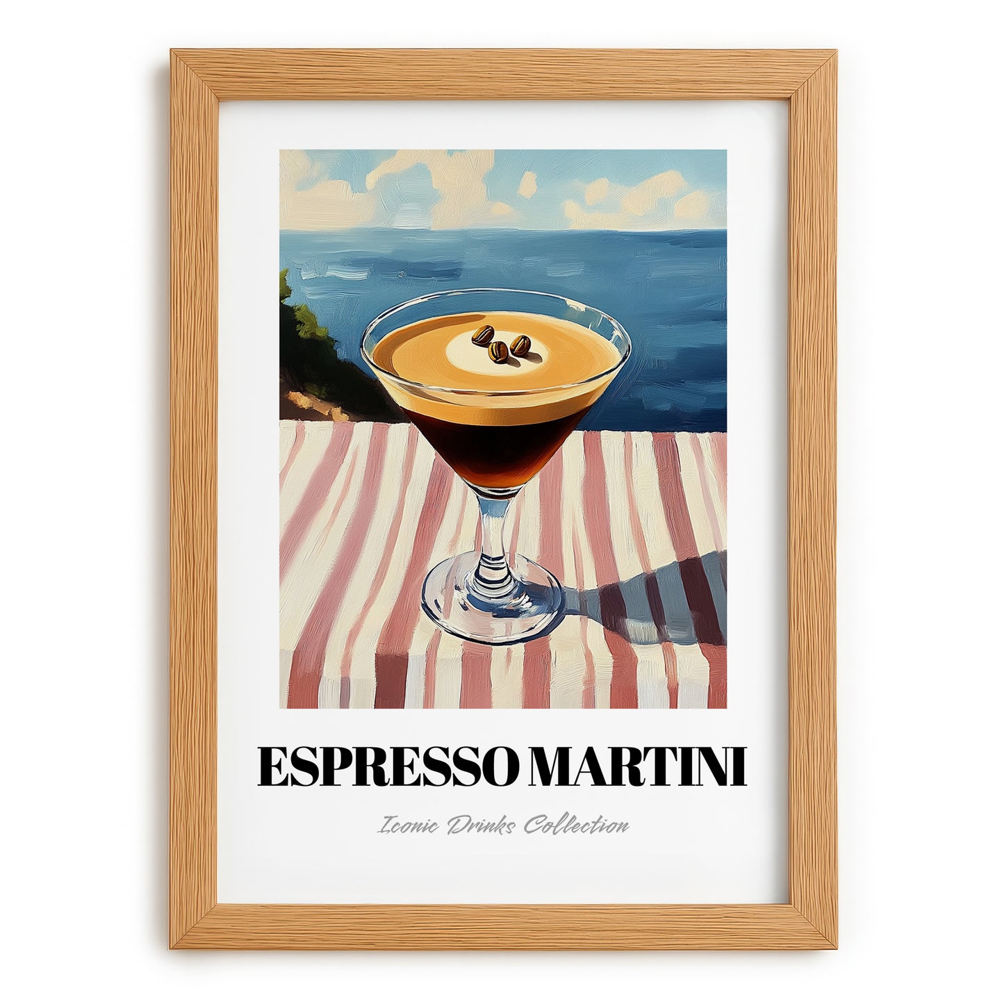 Espresso Martini – French Coastal Table, French Cocktail Painting, set in oak frame