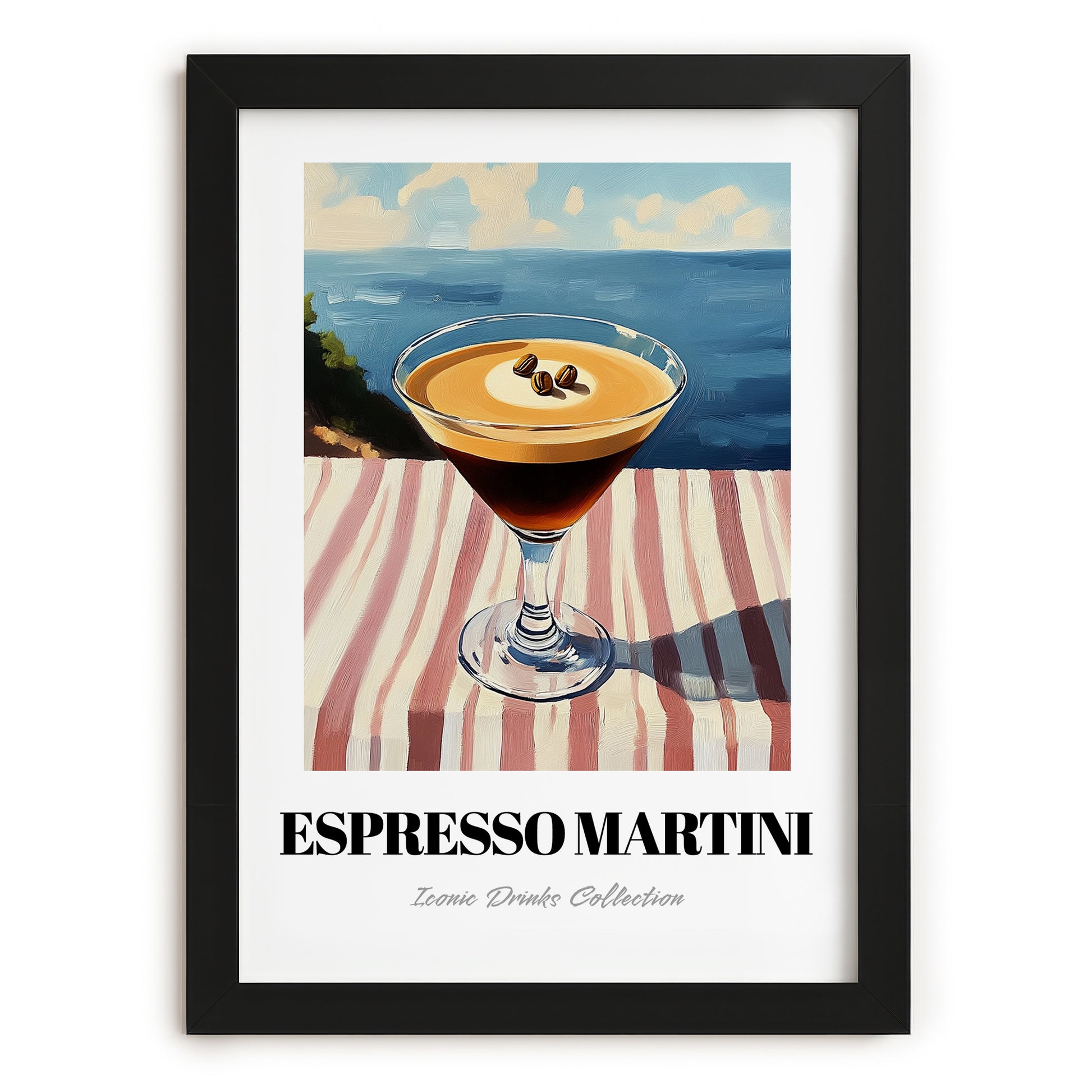 Espresso Martini – French Coastal Table, French Cocktail Painting, in sleek black frame