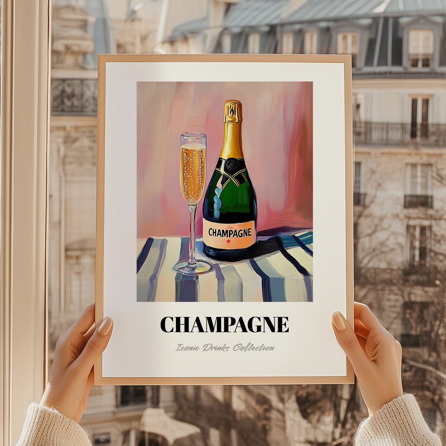 Champagne – on Striped Tablecloth, French Sparkling Wine Poster, styled in a charming Paris street view