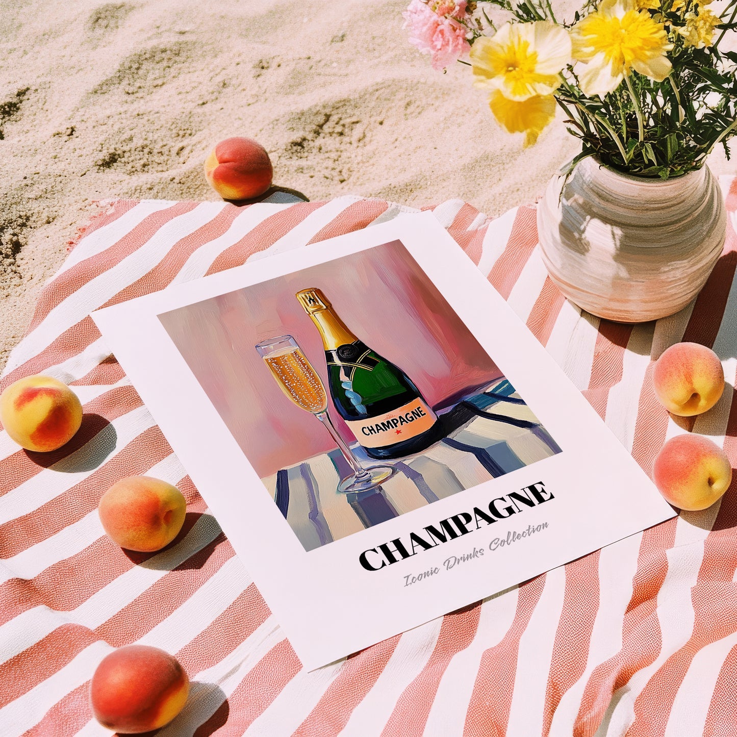 Champagne – on Striped Tablecloth, French Sparkling Wine Poster, unframed on coastal sand