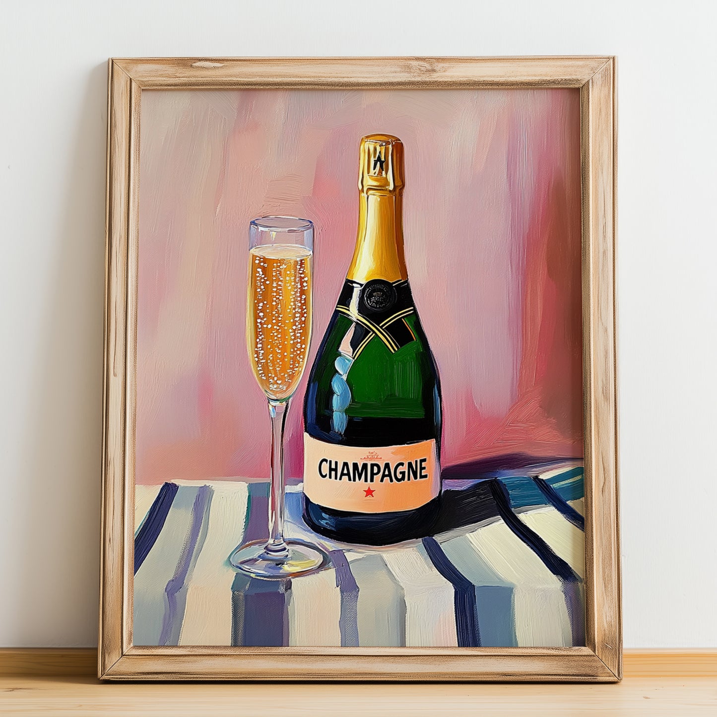 Champagne – on Striped Tablecloth, French Sparkling Wine Poster, no-text version framed in wood
