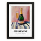 Champagne – on Striped Tablecloth, French Sparkling Wine Poster, in sleek black frame
