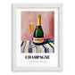 Champagne – on Striped Tablecloth, French Sparkling Wine Poster, placed in minimal white frame