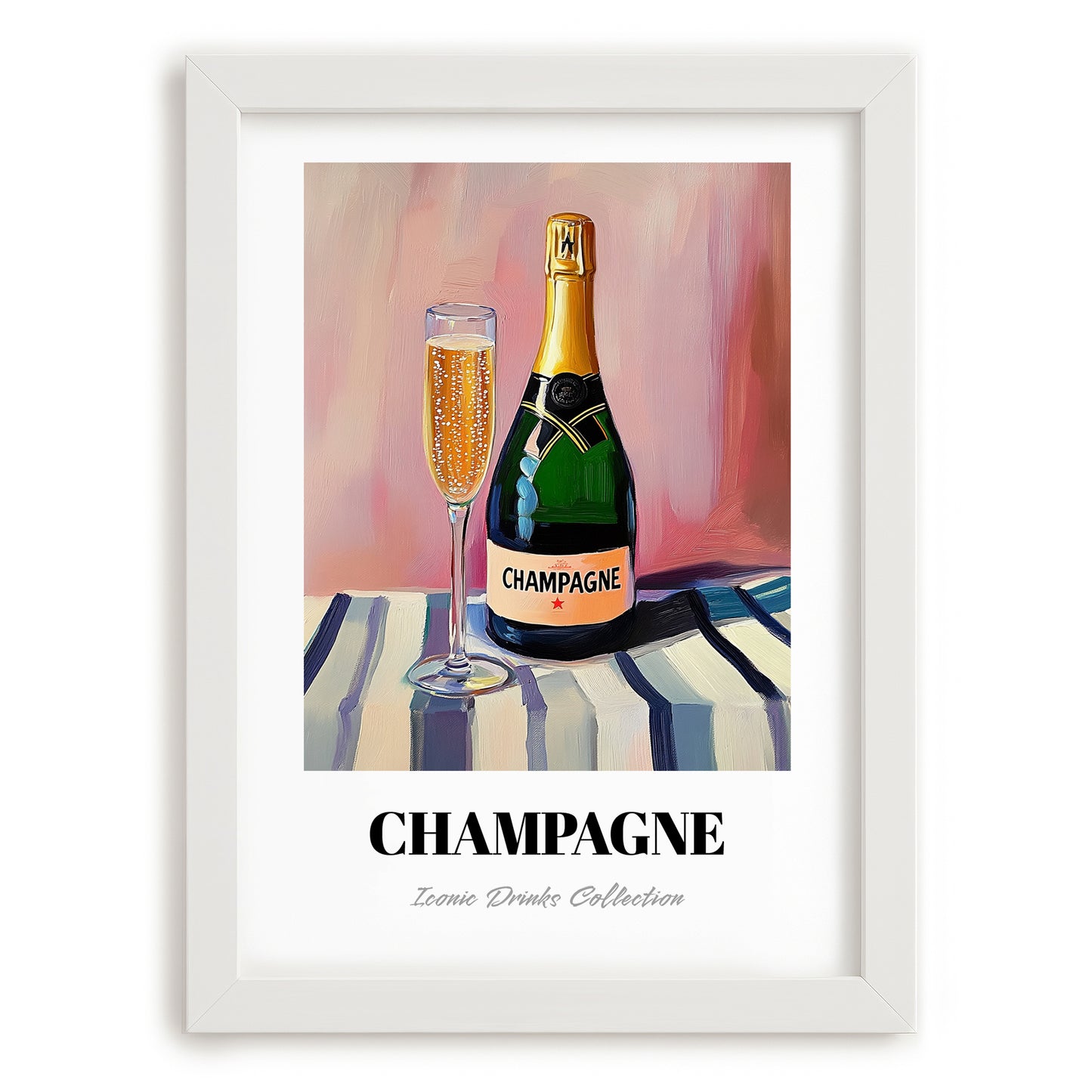 Champagne – on Striped Tablecloth, French Sparkling Wine Poster, placed in minimal white frame