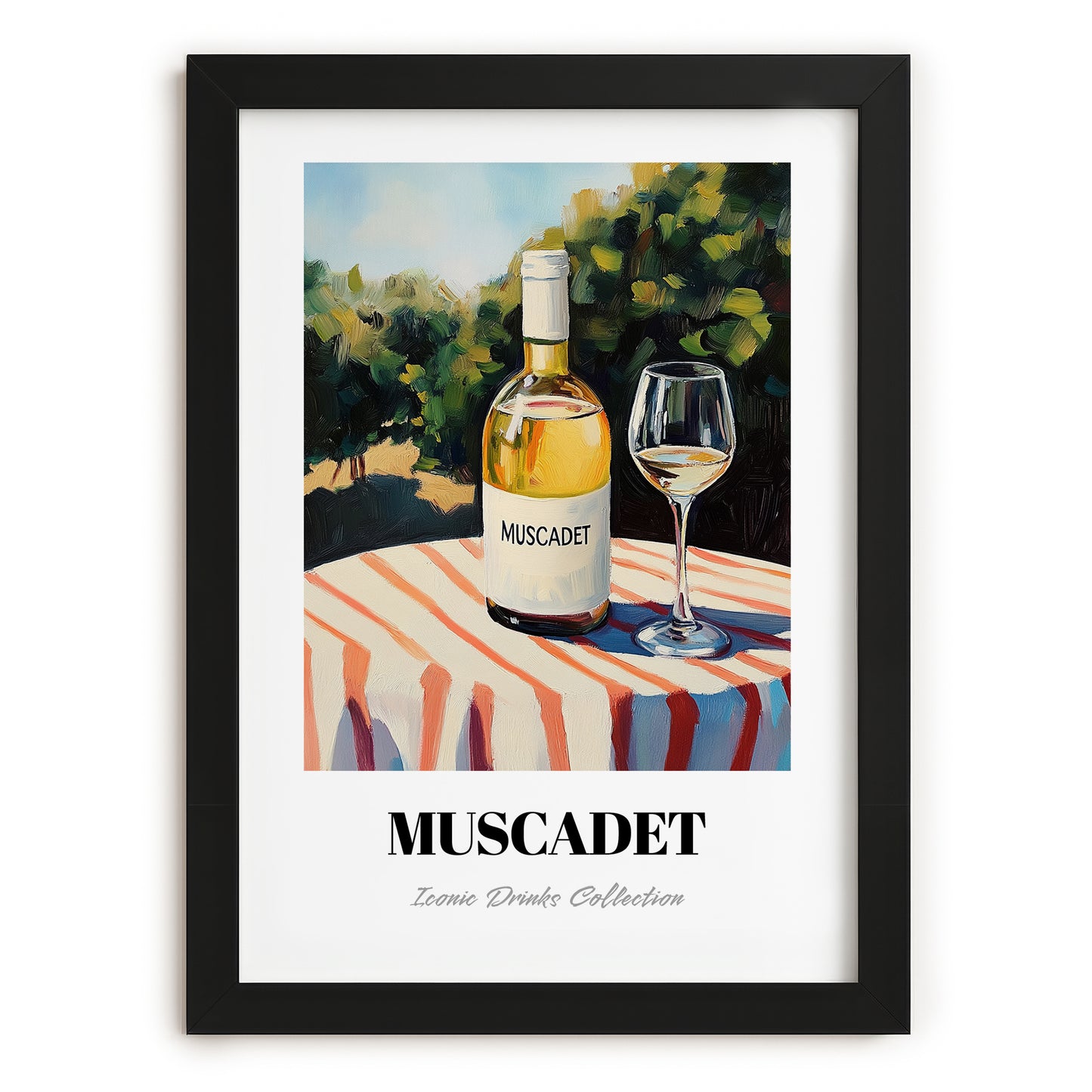 Muscadet – French Hilltop Table Scene, French Wine Print, in sleek black frame