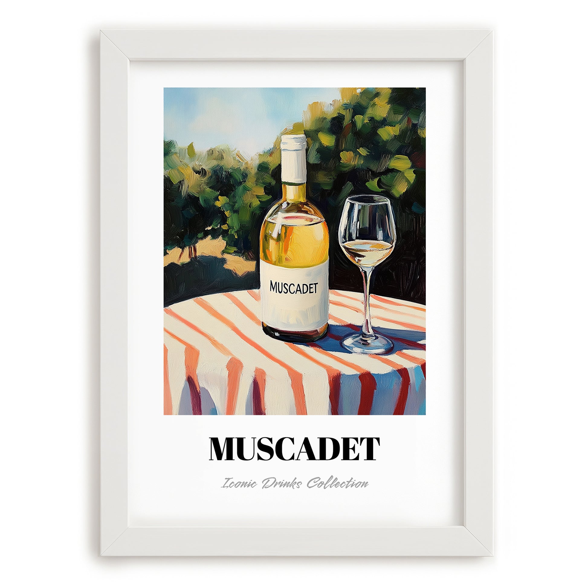 Muscadet – French Hilltop Table Scene, French Wine Print, placed in minimal white frame