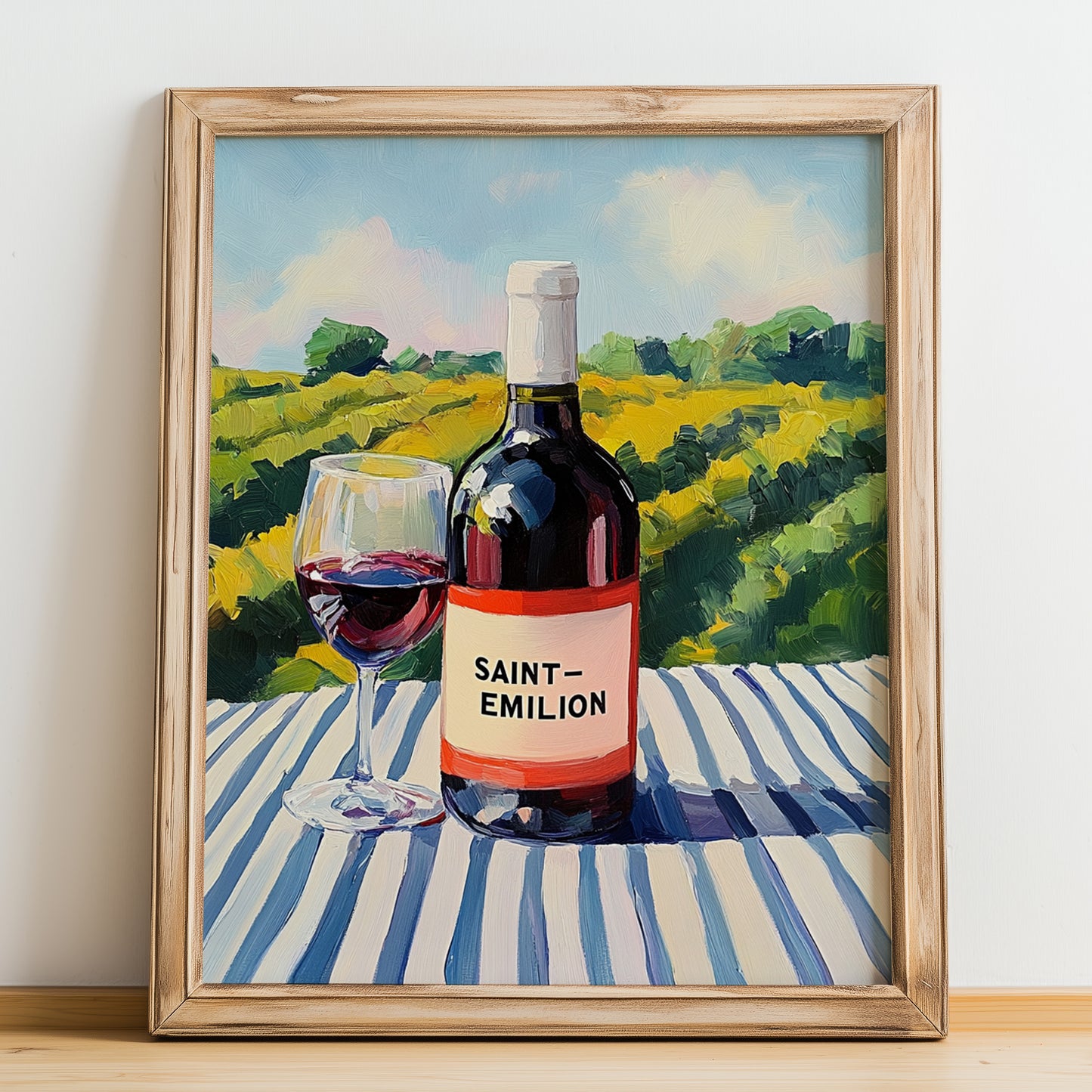 Saint-émilion – French Hillside Café View, French Wine Wall Painting, no-text version framed in wood