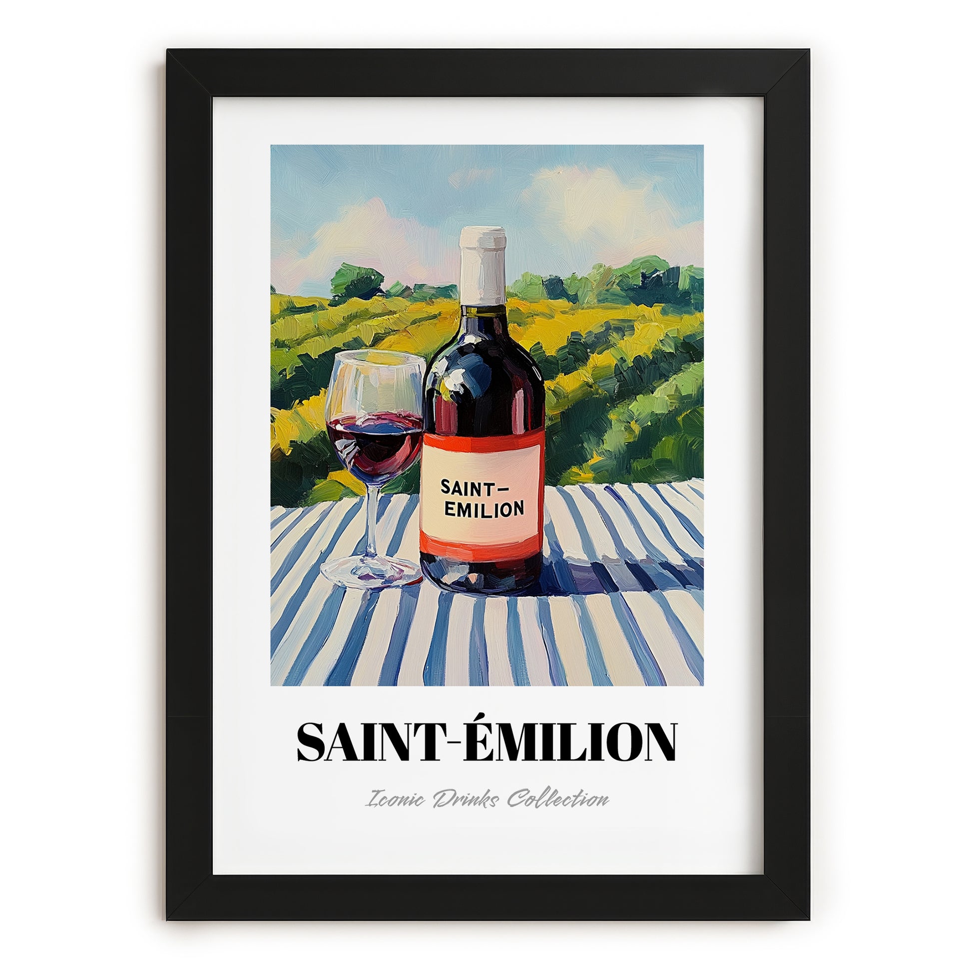 Saint-émilion – French Hillside Café View, French Wine Wall Painting, in sleek black frame