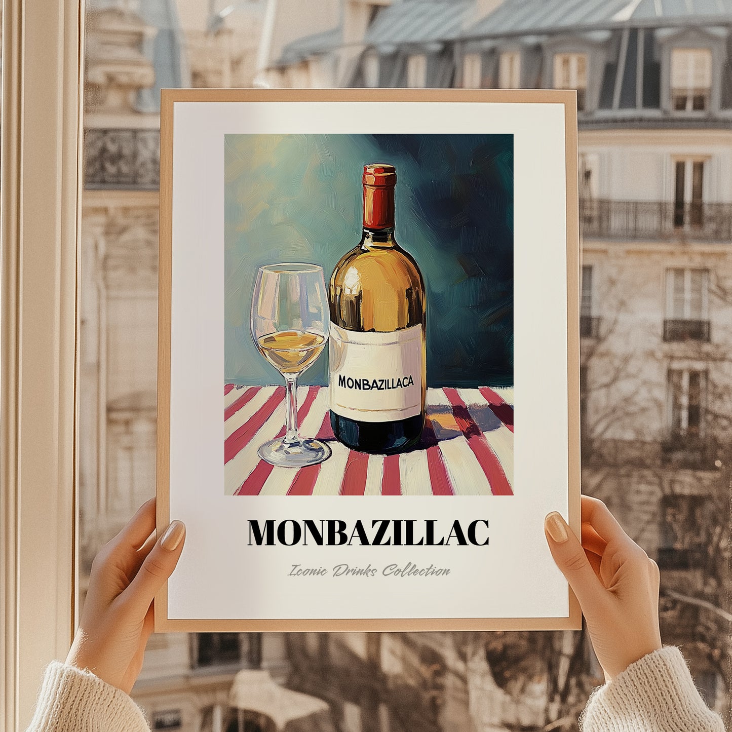Monbazillac – on Striped Tablecloth, French Wine Wall Decor, styled in a charming Paris street view