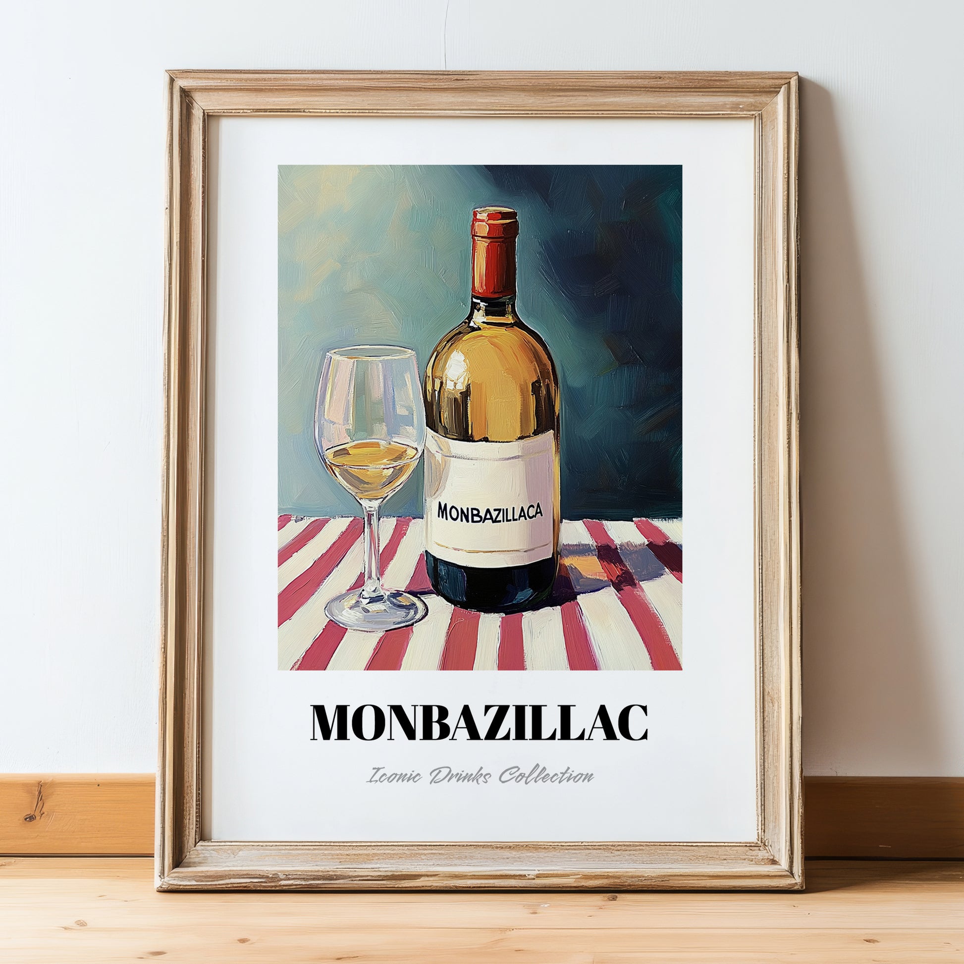 Monbazillac – on Striped Tablecloth, French Wine Wall Decor, in wooden frame leaning on the floor
