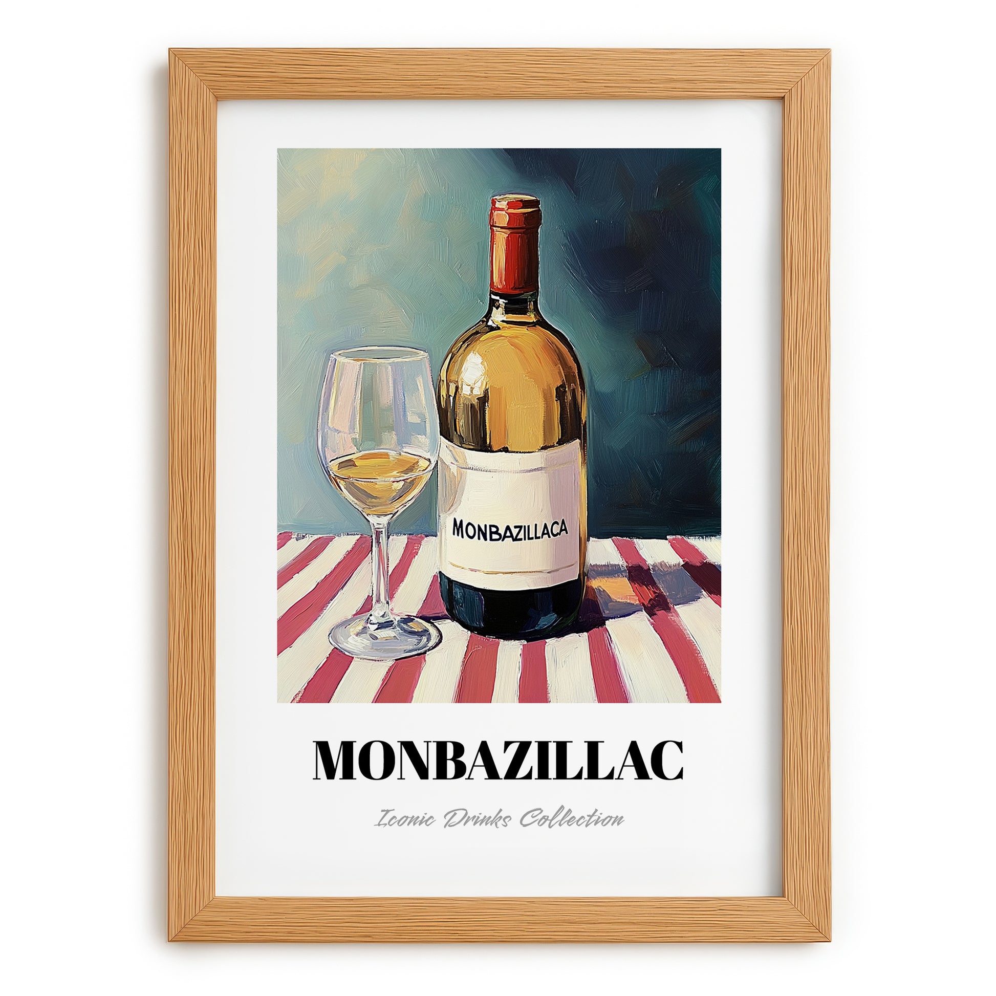 Monbazillac – on Striped Tablecloth, French Wine Wall Decor, set in oak frame