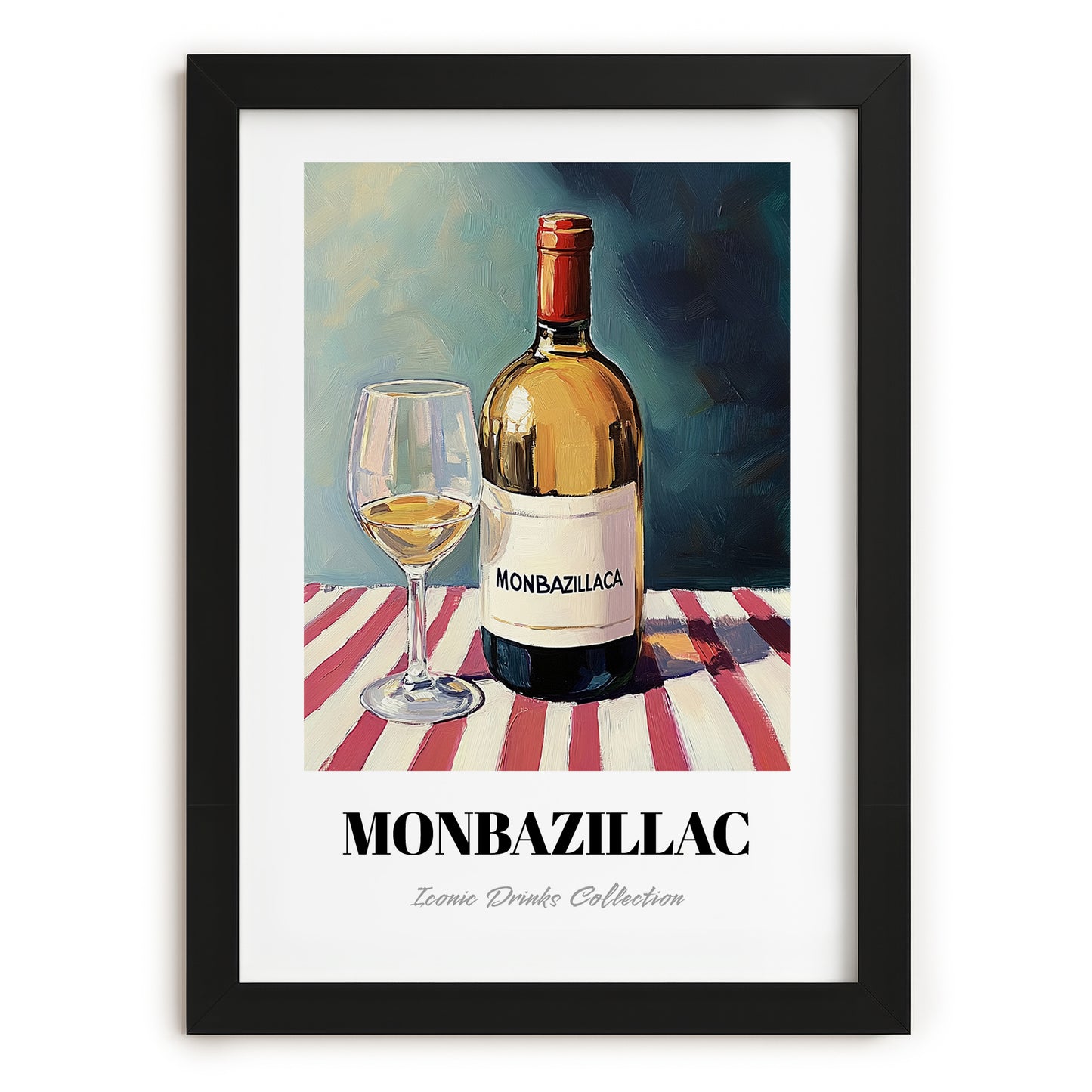 Monbazillac – on Striped Tablecloth, French Wine Wall Decor, in sleek black frame