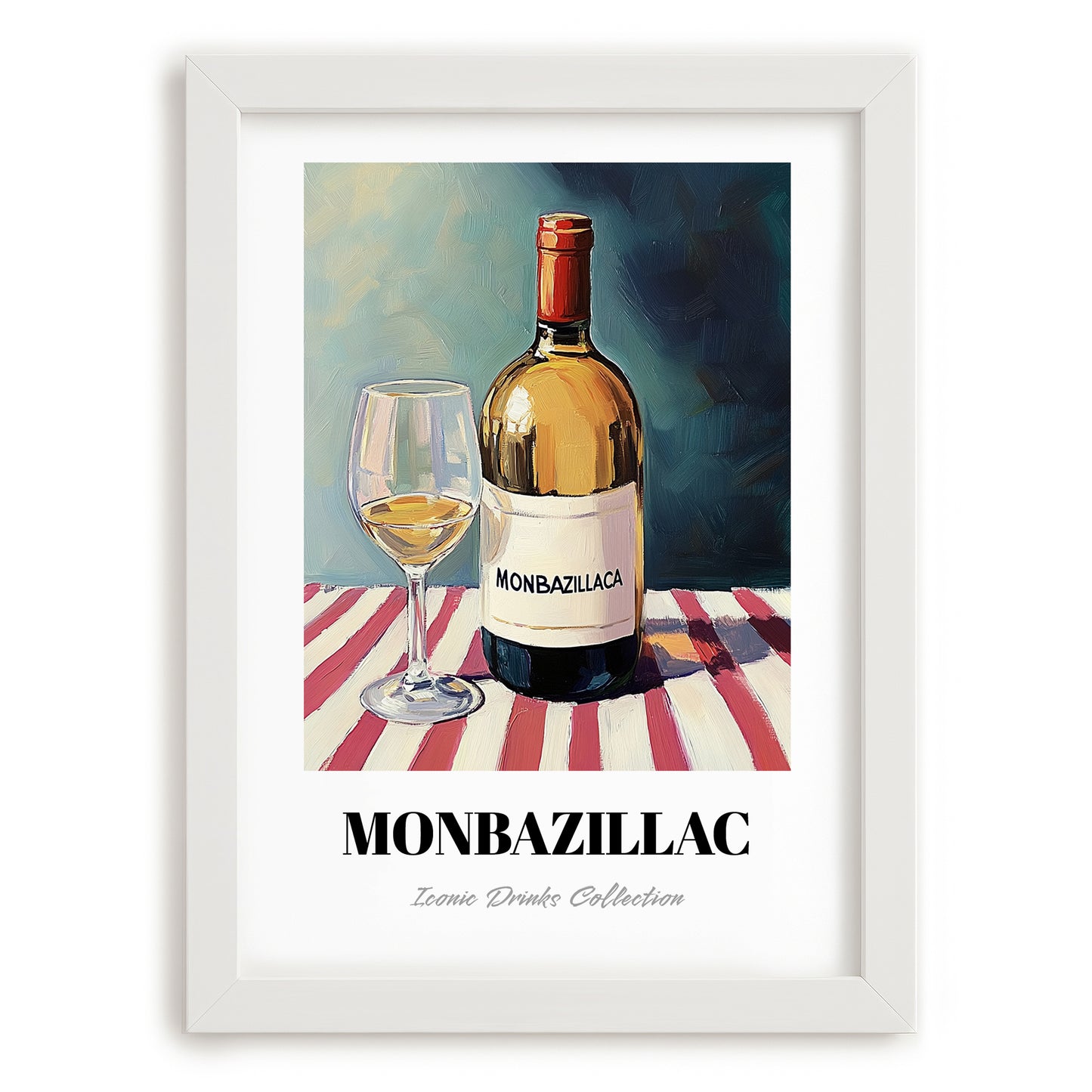 Monbazillac – on Striped Tablecloth, French Wine Wall Decor, placed in minimal white frame