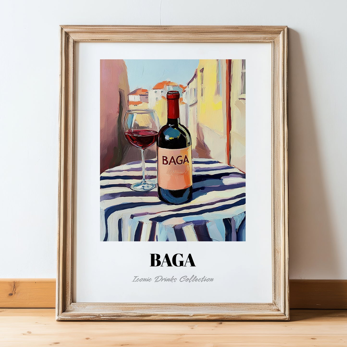 Baga – Portuguese Café on the Corner, Portuguese Wine Painting, in wooden frame leaning on the floor