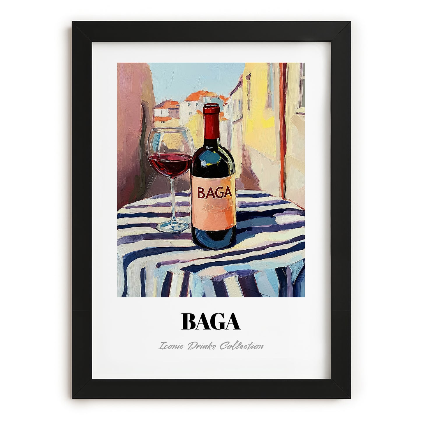 Baga – Portuguese Café on the Corner, Portuguese Wine Painting, in sleek black frame