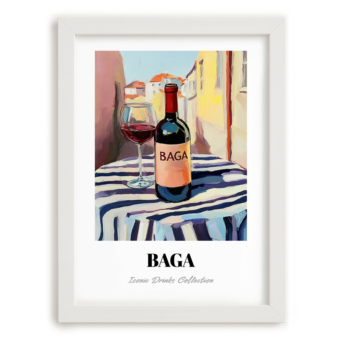 Baga – Portuguese Café on the Corner, Portuguese Wine Painting, placed in minimal white frame