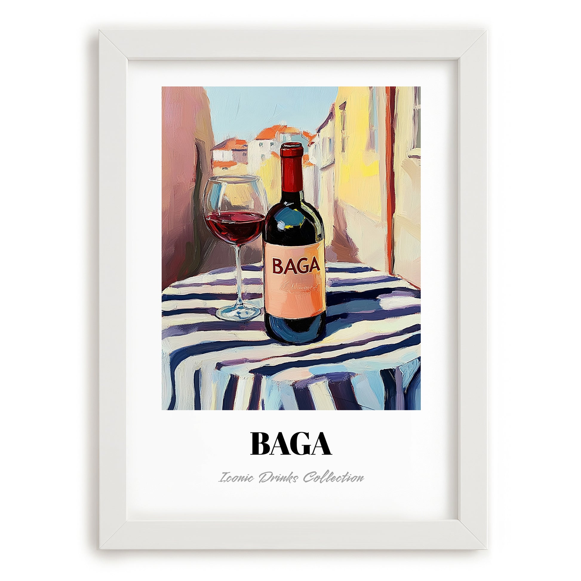 Baga – Portuguese Café on the Corner, Portuguese Wine Painting, placed in minimal white frame