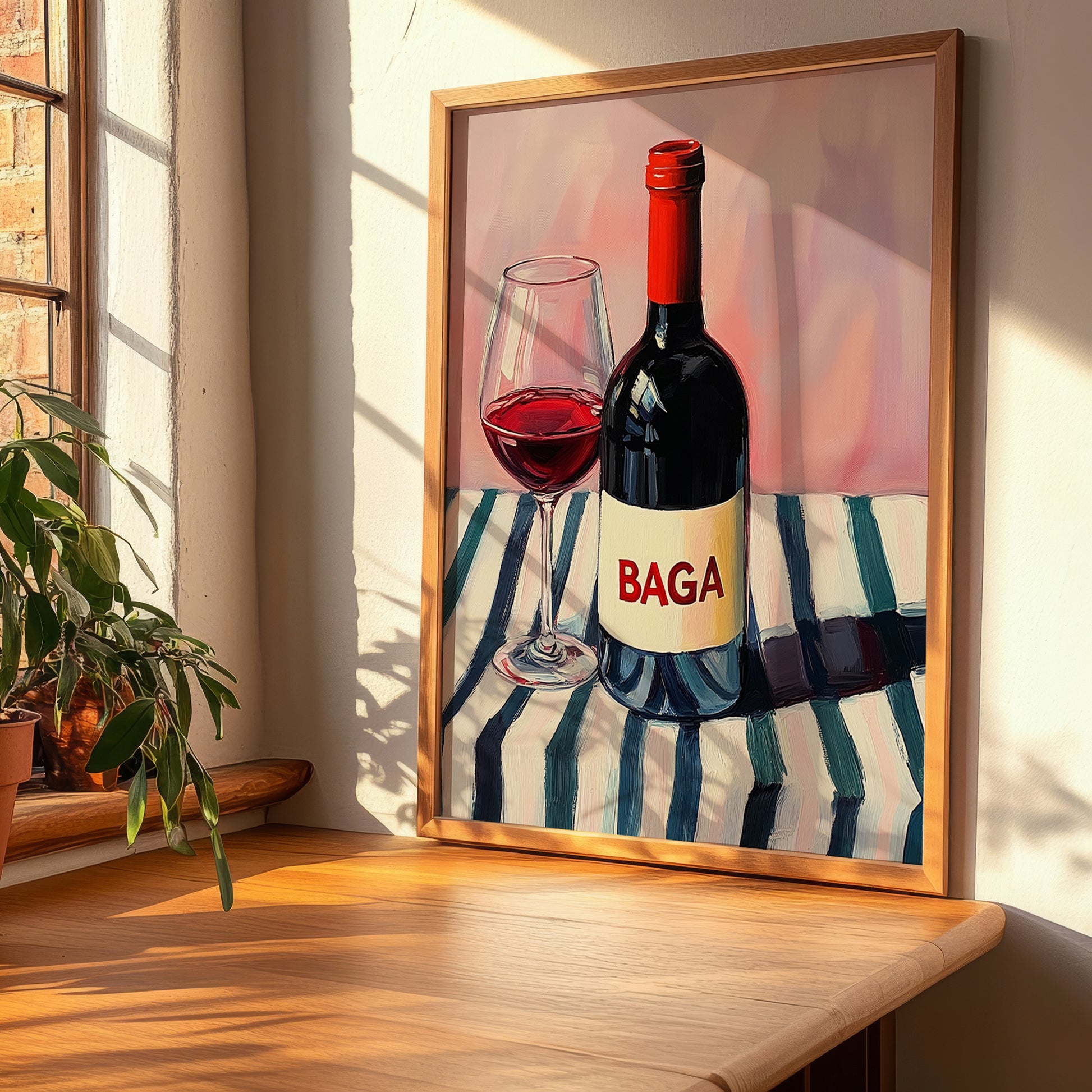 Baga – on Striped Tablecloth, Portuguese Wine Illustration, clean layout with no caption