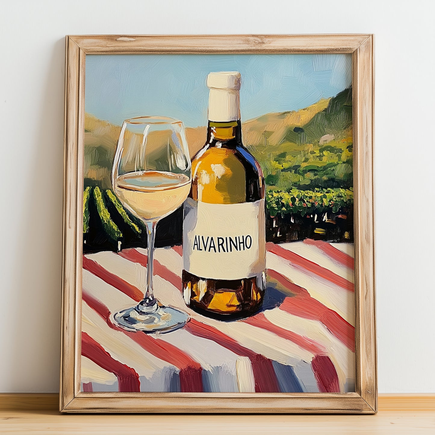Alvarinho – Portuguese Hillside Café View, Portuguese Wine Wall Illustration, no-text version framed in wood