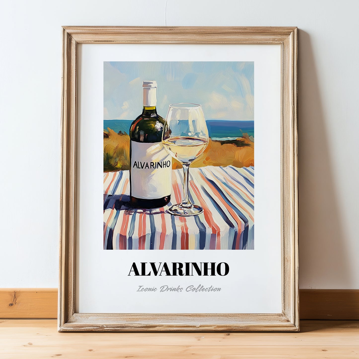 Alvarinho – Portuguese Seaside Scene, Portuguese Wine Illustration, in wooden frame leaning on the floor