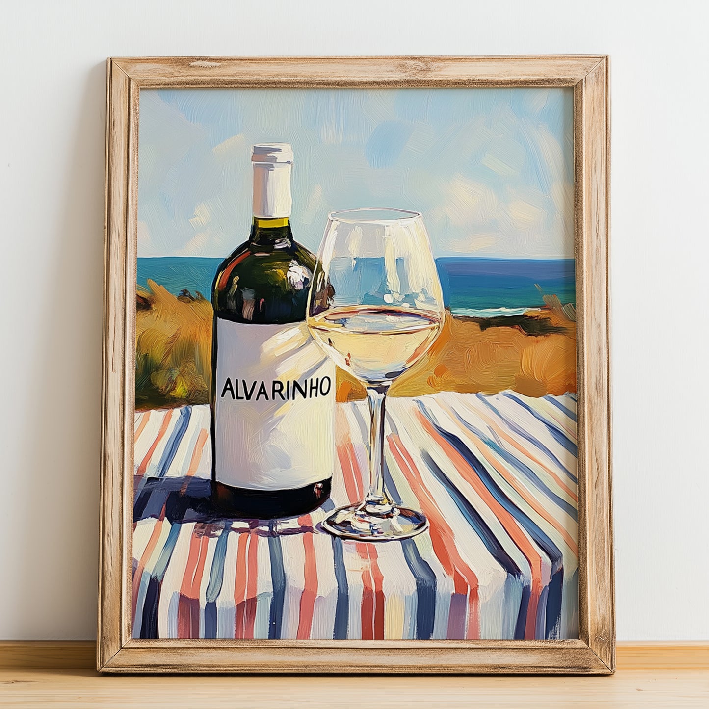 Alvarinho – Portuguese Seaside Scene, Portuguese Wine Illustration, no-text version framed in wood