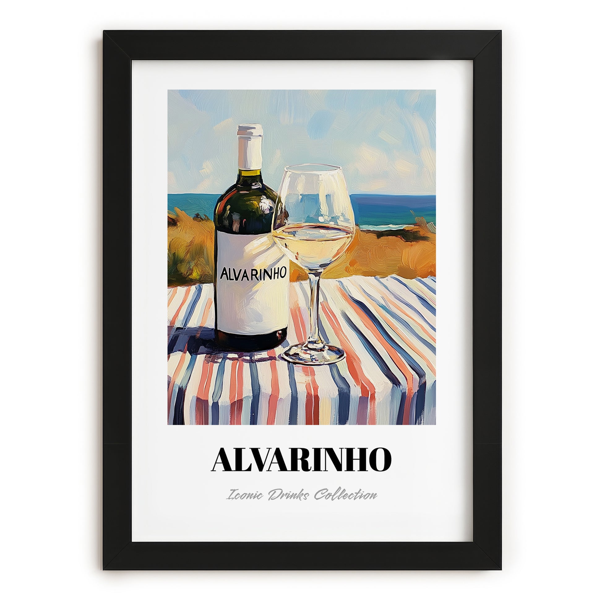 Alvarinho – Portuguese Seaside Scene, Portuguese Wine Illustration, in sleek black frame