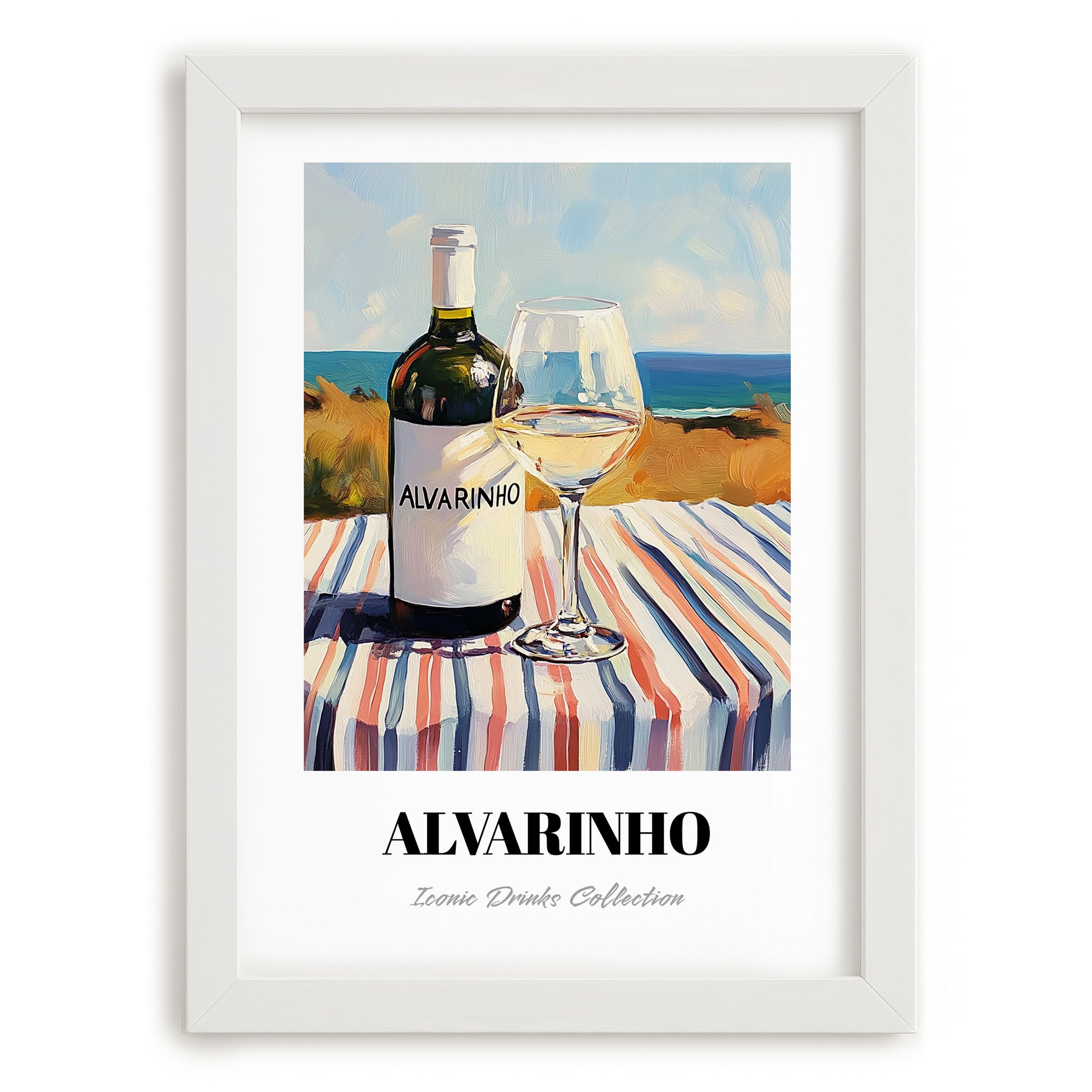 Alvarinho – Portuguese Seaside Scene, Portuguese Wine Illustration, placed in minimal white frame