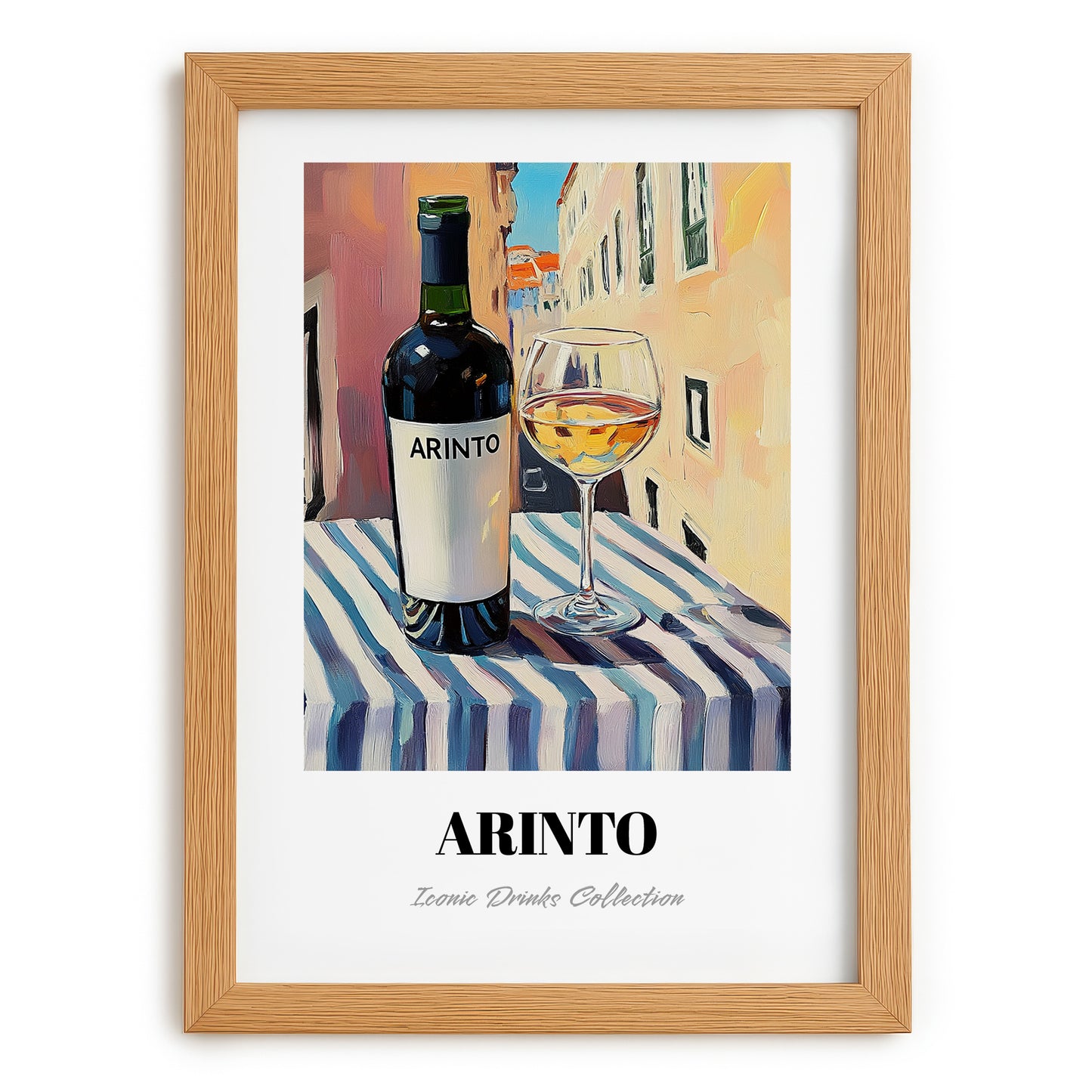 Arinto – Portuguese Outdoor Café Scene, Portuguese Wine Still Life, set in oak frame