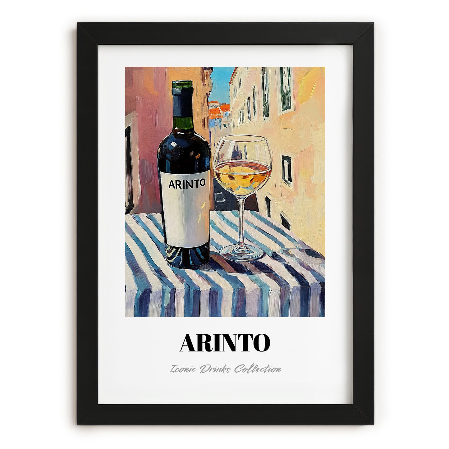 Arinto – Portuguese Outdoor Café Scene, Portuguese Wine Still Life, in sleek black frame