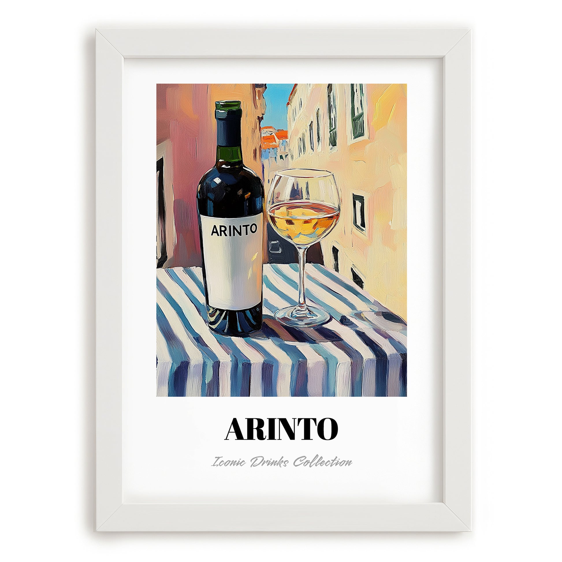 Arinto – Portuguese Outdoor Café Scene, Portuguese Wine Still Life, placed in minimal white frame